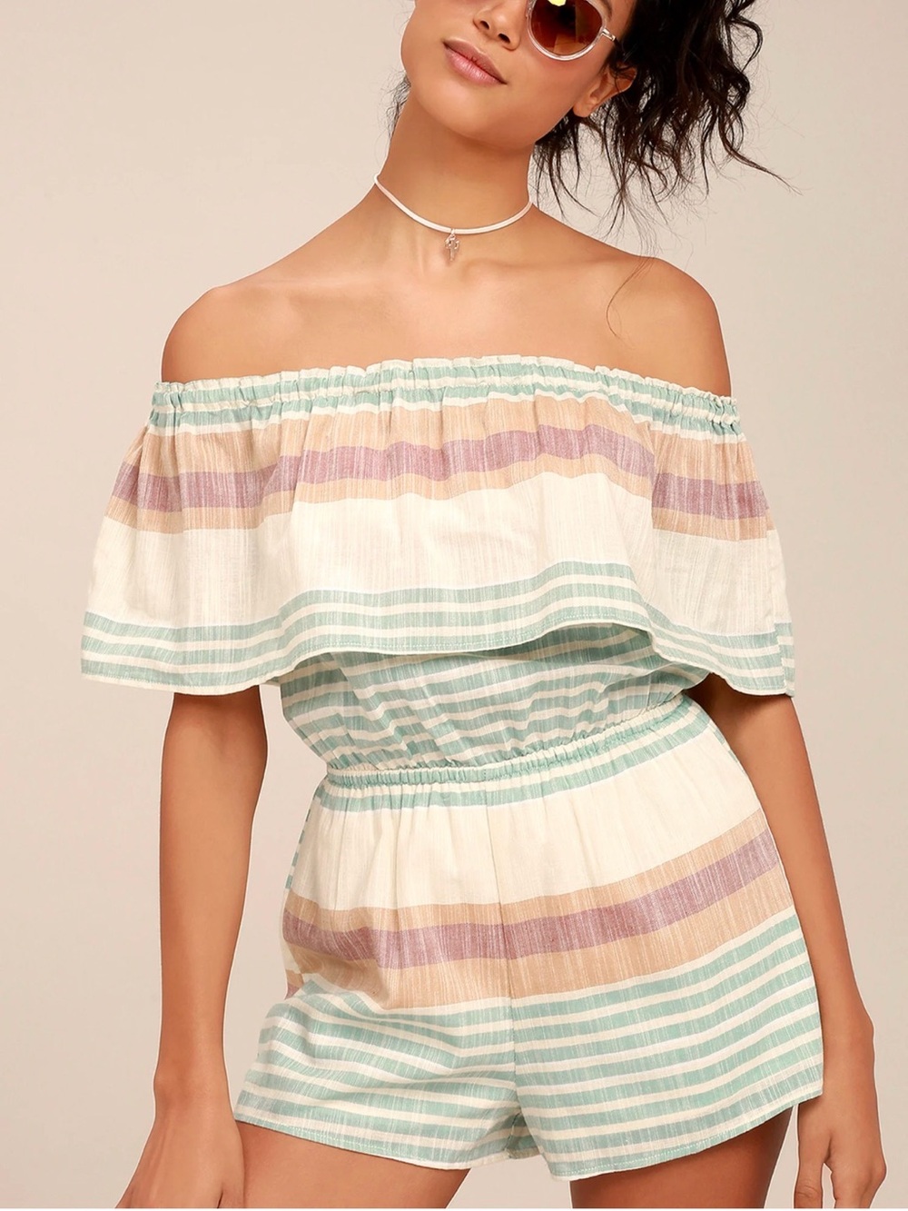O'Neill Pearce Beige Striped Off-the-Shoulder Romper size L